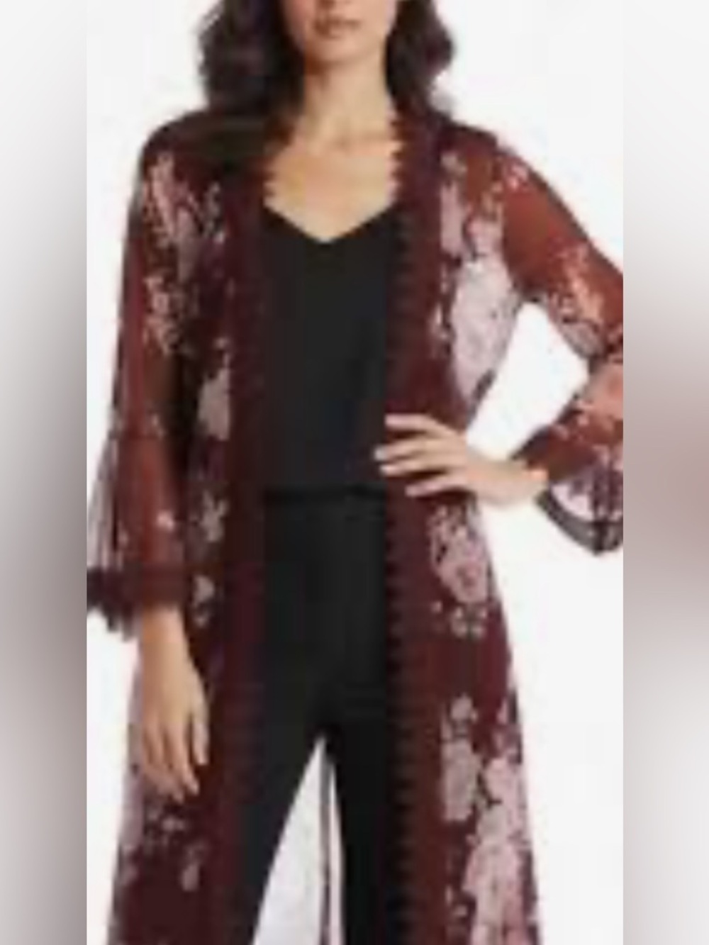 Polly & Esther Sheer Floral Lace Duster in Wine Red Kimono
